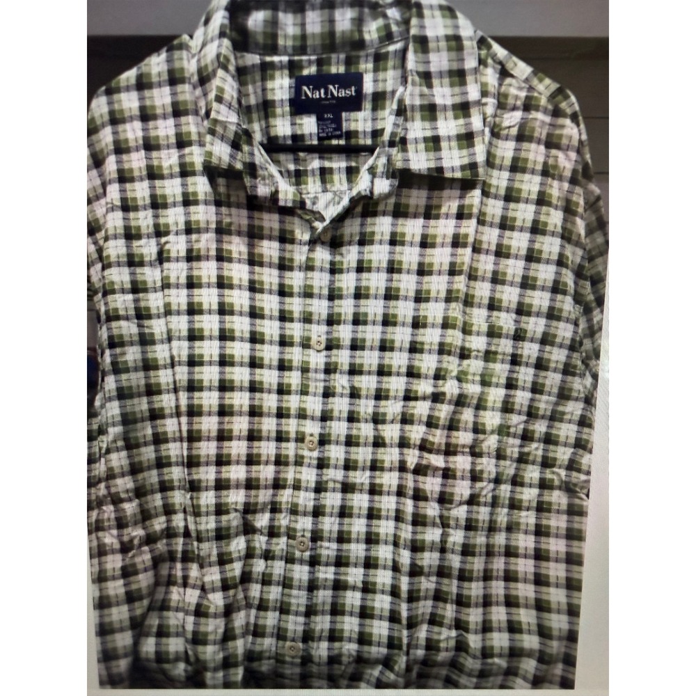 Nat Nast Mens XXL Silk Lyocell Plaid Short Sleeve Button Down Shirt Green Black